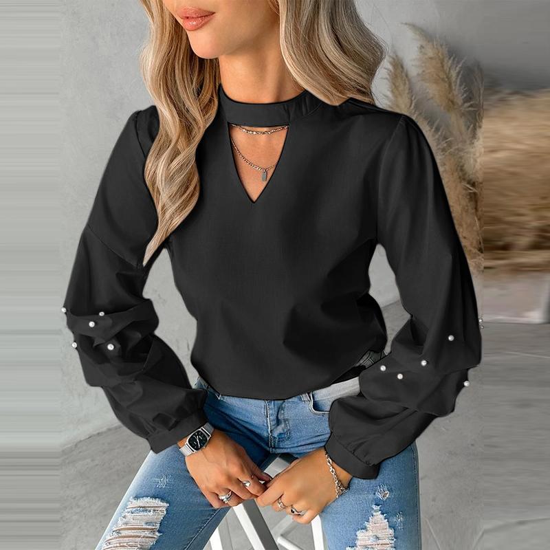 

VONDA Женская мода воротник-стойка длинный рукав однотонные блузки 4XL чёрный