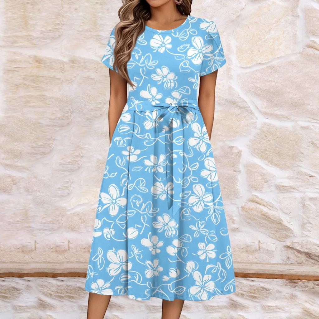 Women's Summer  Casual Floral Print  Round Neck Midi Dress Basic Classic Outdoor Everyday Short Sleeve Loose Dress