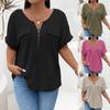 Plus Size Women Solid Color Short Sleeve T-Shirt Half Zip U-Neck Fake Pocket Pullover Top Loose Casual Blouse Spring Summer Daily Wear