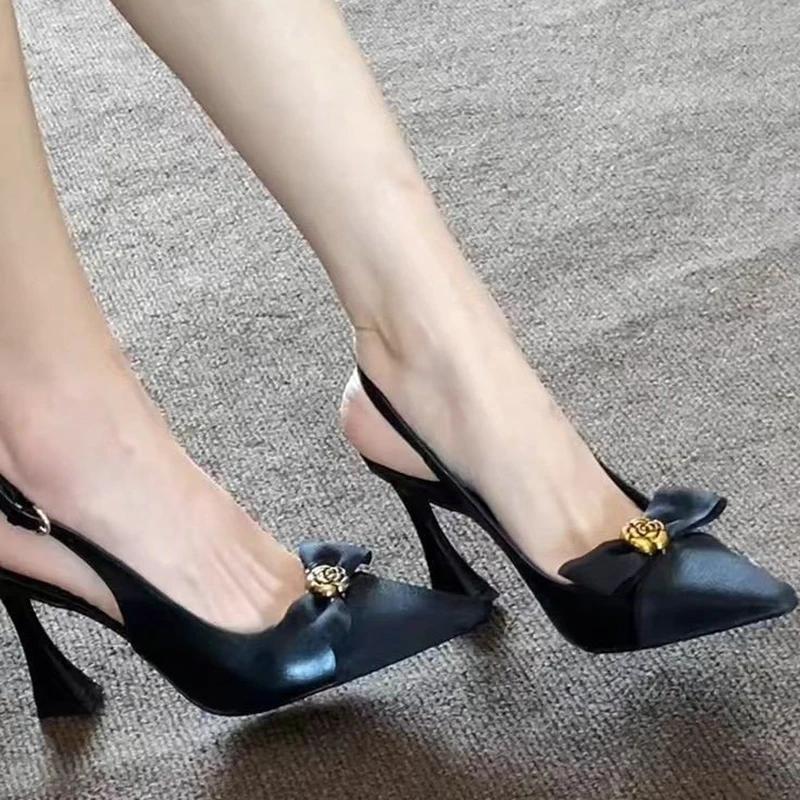 Fashion French Bow Knot High Heel Sandals for Women Sexy Back Strap Pointed Toe Sandalias Woman 2025 Office Patent Leather Sandals Mujer