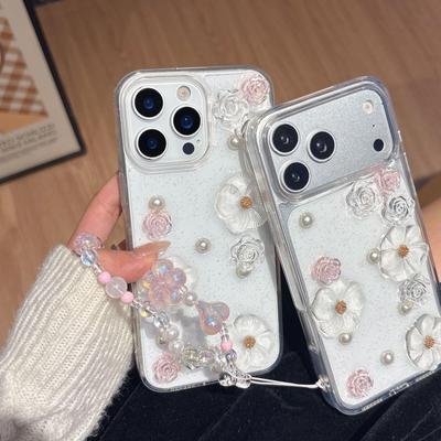 Korean Style Epoxy Crystal Flower Case for iPhone 17 Pro Max, Fits Apple 16, with 12-inch Chain.