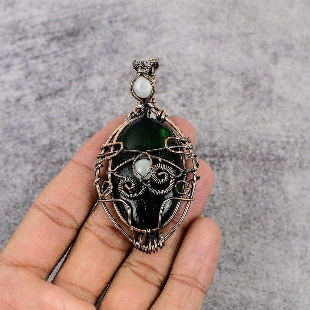 Green Flash Labradorite & Rainbow Moonstone 999 Copper Wire Wrapped Pendant, Handmade Gemstone Pendant , Gift For Mom Antique Jewelry