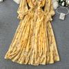 Autumn Women Vintage Printed Pleated Long Dress Female Red/Green/Blue/Yellow Draped Ruffle Single Breasted Maxi Robe Vacation Dresses