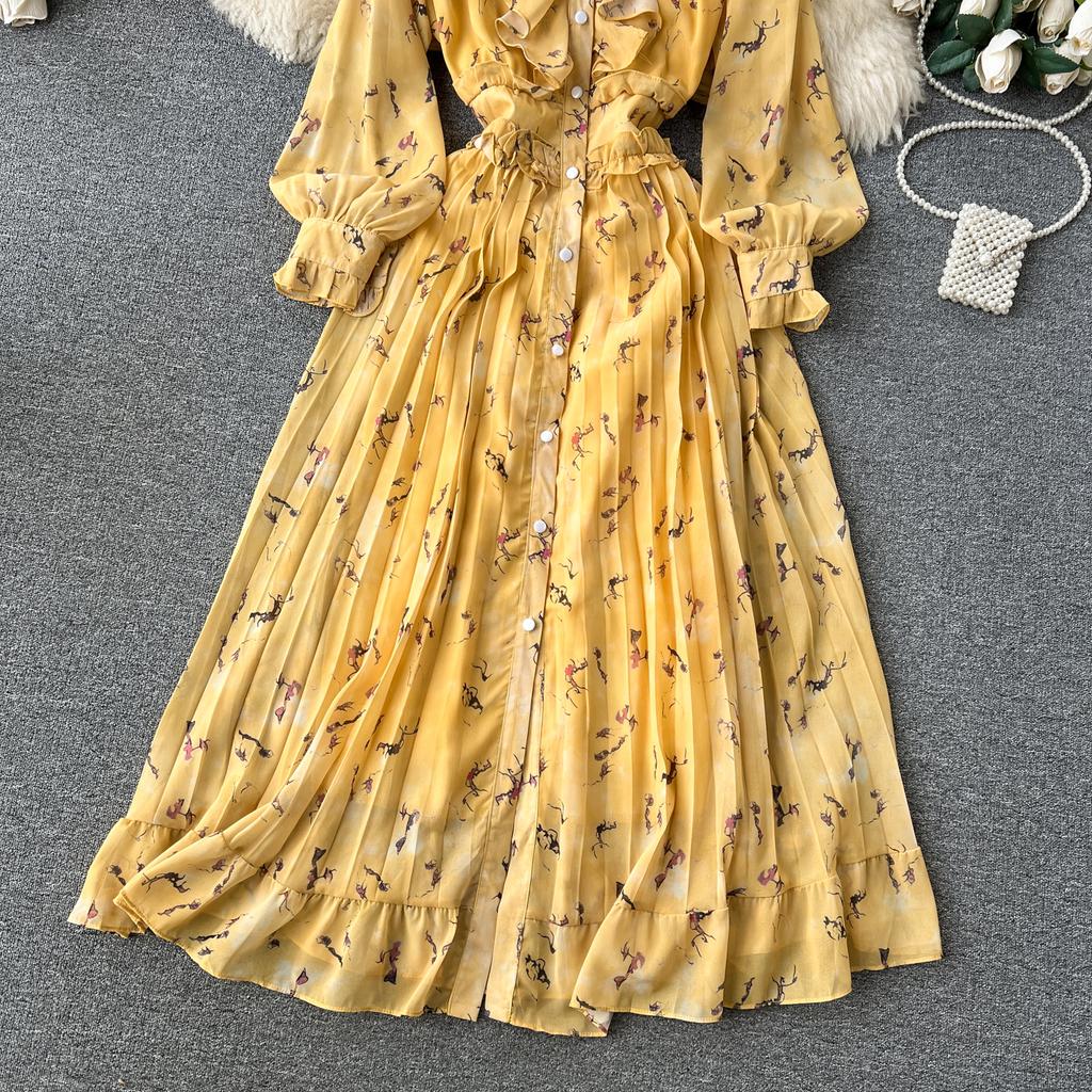 Autumn Women Vintage Printed Pleated Long Dress Female Red/Green/Blue/Yellow Draped Ruffle Single Breasted Maxi Robe Vacation Dresses