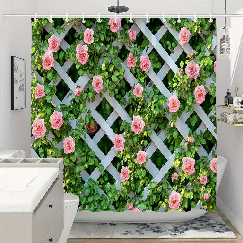Enhance Your Bathroom with a Waterproof Shower Curtain Featuring Lush Pink Roses on Trellis for a Romantic and Fresh Look