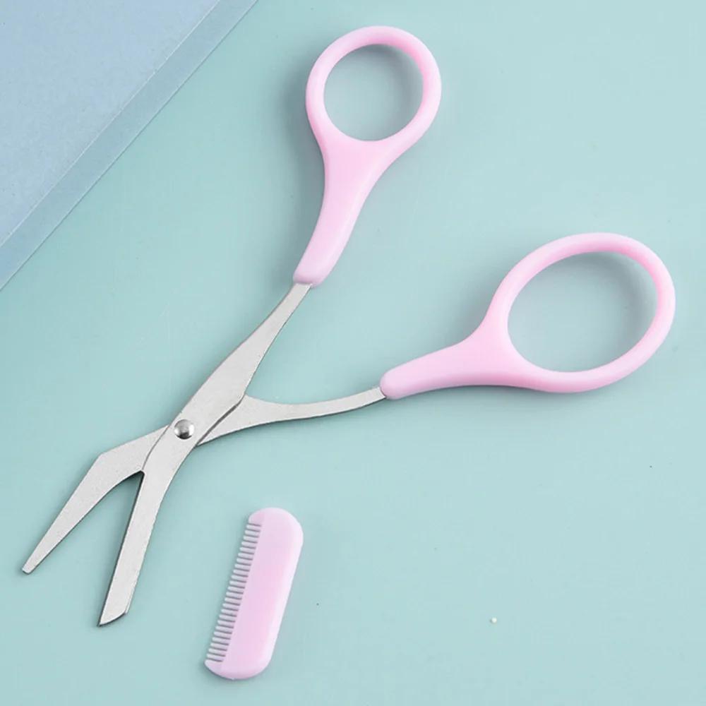 1Pc 3 Colors Stainless Steel Eyebrow Trimmer Scissors with Comb Professional Eyebrow Trimmer Scraper Face Care Tool for Beginner