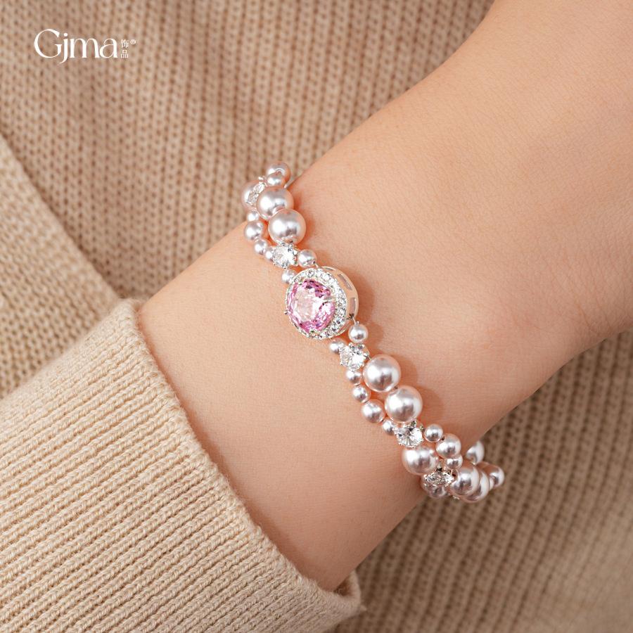 Korean sweet zircon geometric double-layer splicing pearl bracelet bracelet fashion exquisite jewelry women