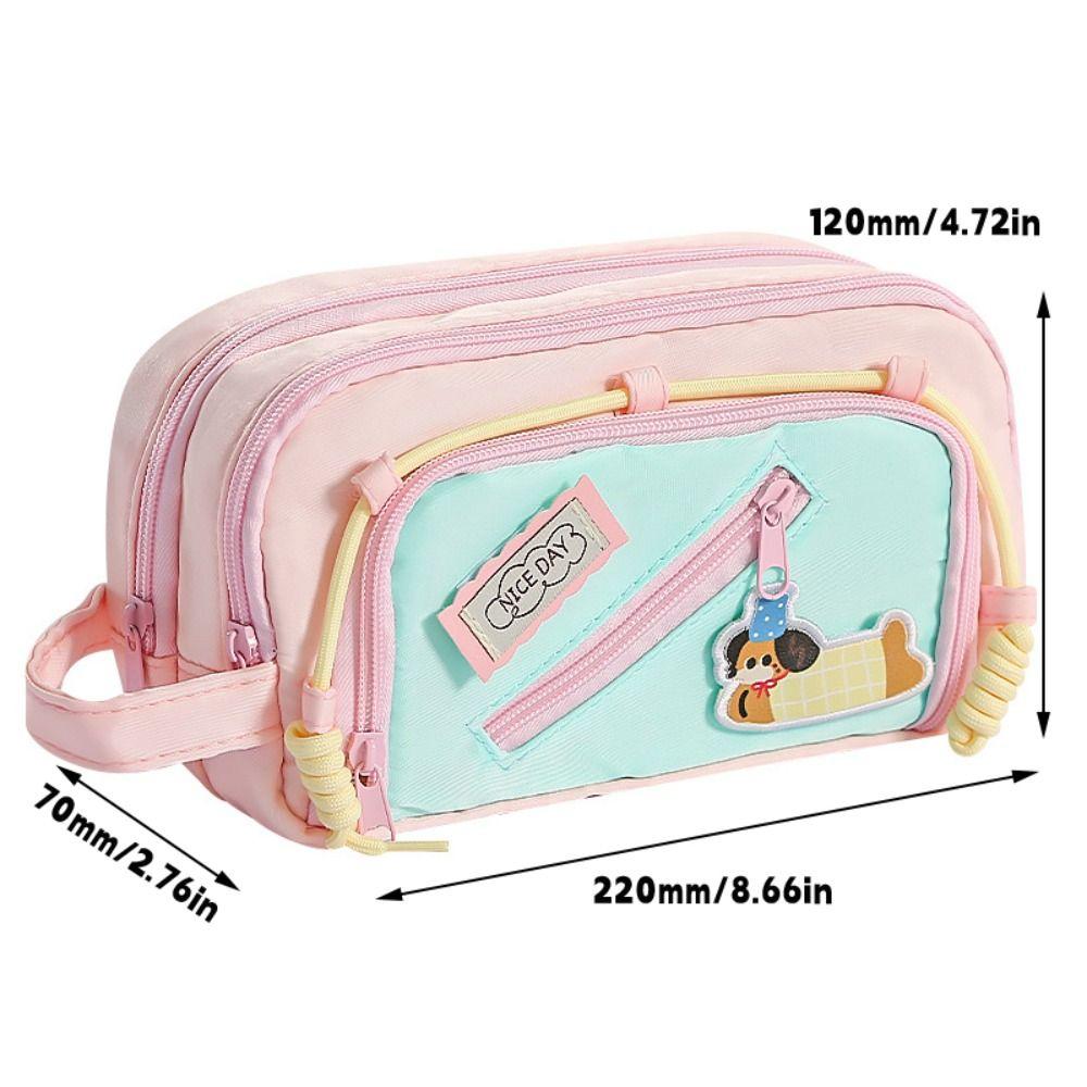 New Contrast Color Pen Bag Dachshund Four-Layer Pencil Case Large Capacity Handheld Pen Box School Office
