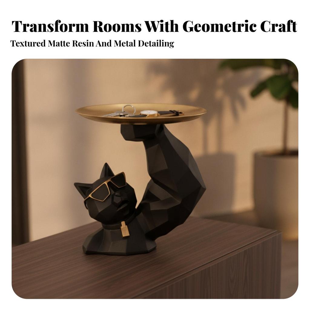 Cat Statue with Metal Tray Geometric Modern for Living Room