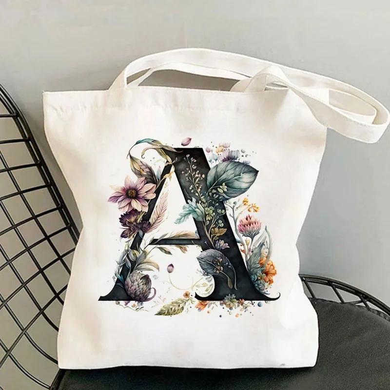 26 Black Alphabet Flower Tote Bags For Women Large Capacity Canvas Casual New Shopping Printed Reusable Handbag Eco Bag Large