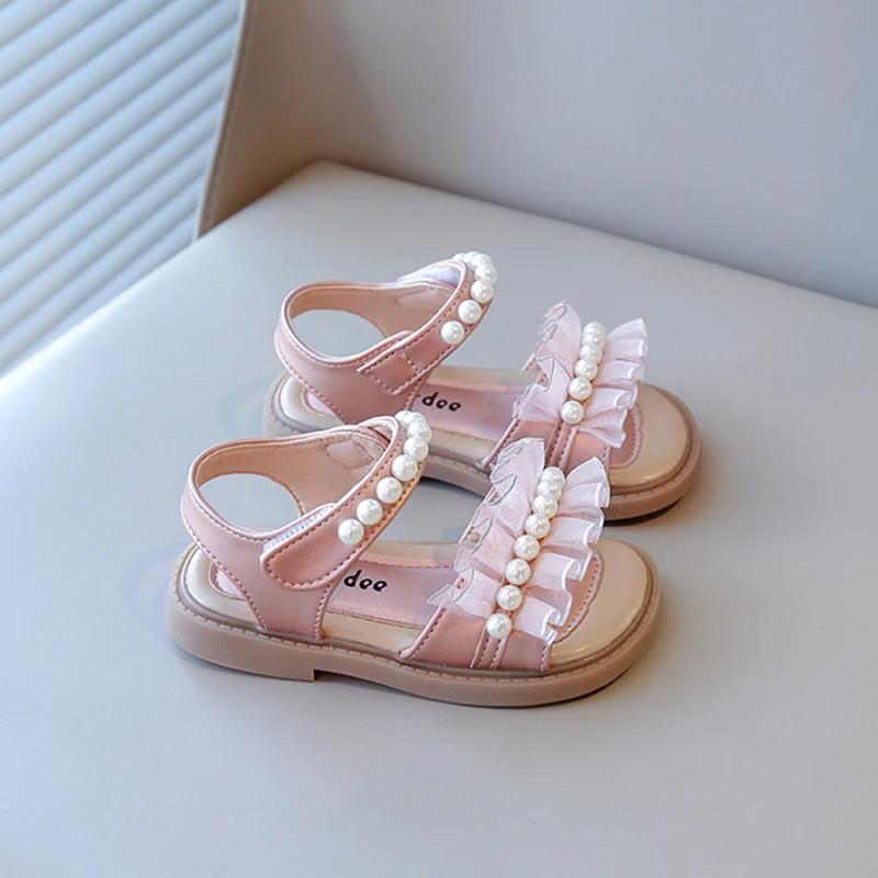 

Пляжная обувь для девочек Детские сандалии Жемчуг с кружевом Принцесса Милые Открытый носок Мягкие Противоскользящие Симпатичные для детей 2025 Лето Совершенно новые 21 розовый