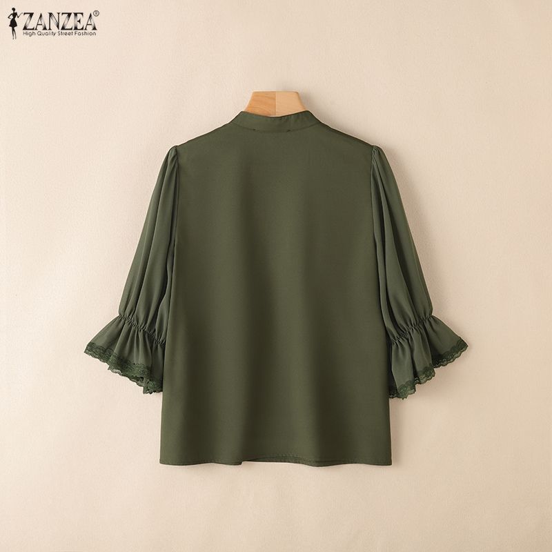 ZANZEA Women Casual V-neck Solid Color 3/4 Sleeve Loose Blouse