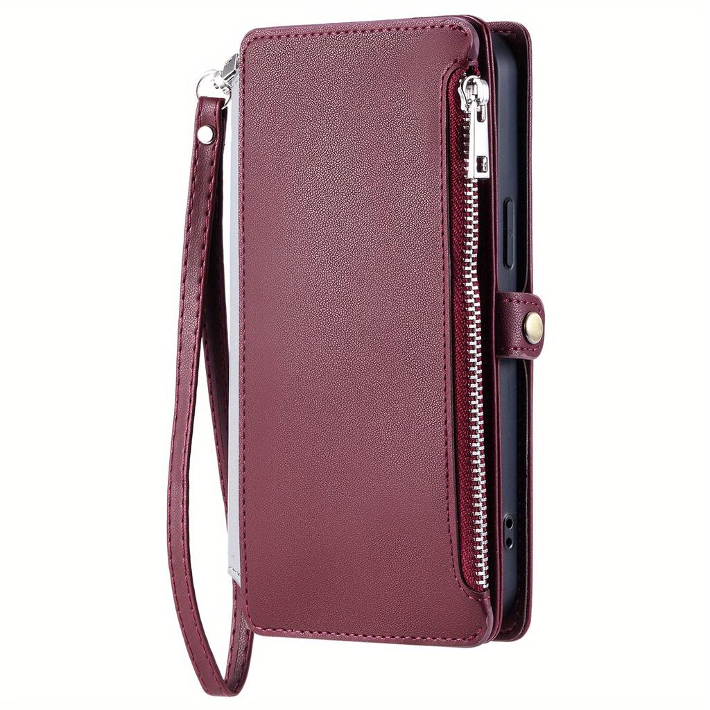 Wallet Leather Flip Case for iPhone 16E 16 Pro Max 15 14 Plus 13 12 11 Wrist Strap Zipper Handbag Card Slot Stand Book Cover