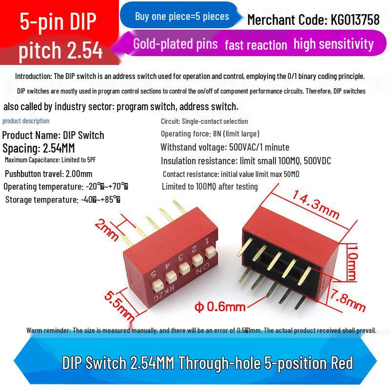 SMD DIP Switch, Flat Toggle, 2P 4-10 Positions, 2.54mm, Red/Blue/Black