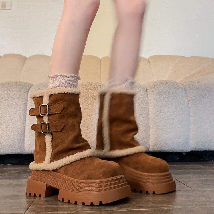 Thick-soled medium tube snow boots women's 2025 new winter new Northeast integrated plush warm thickened fluffy cotton shoes