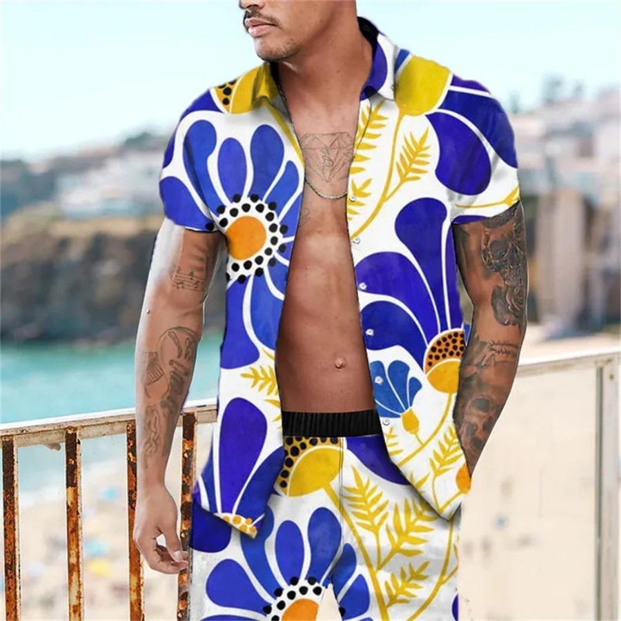 Floral Print Hawaiian Shirt Set 3D Print Casual Short Sleeve Beach Shorts Shirt Holiday Set