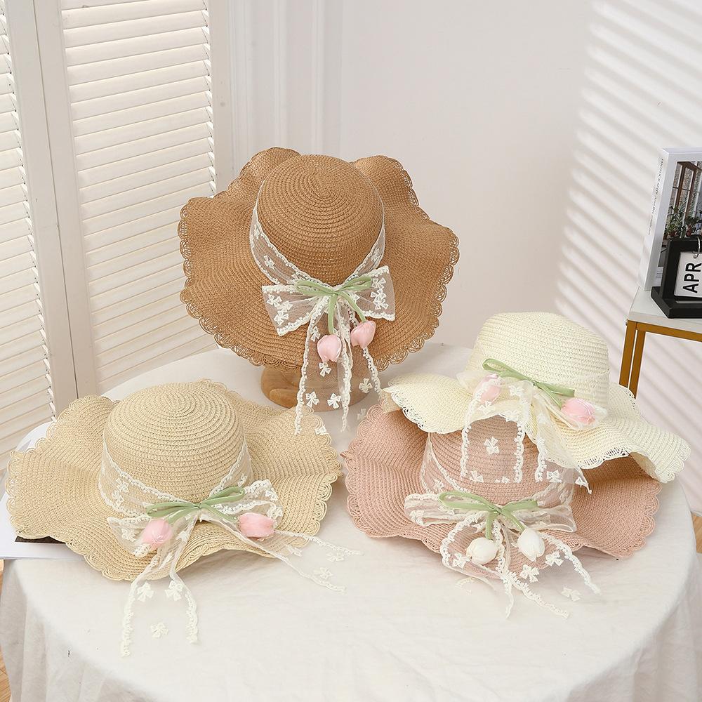 The New Tulip Straw Hat Seaside Vacation Style Bow Sunscreen Sun Hat Large Brim Sun Hat