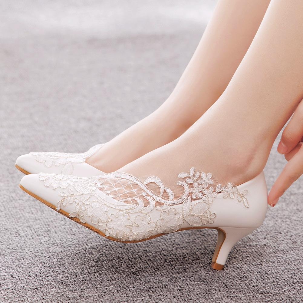 5cm Medium Heel Elegant Simple Lace Mesh Flower Wedding Shoes Pointy Toe High Heels Bridal Wedding Dress Shoes Spring and Autumn Single Shoes