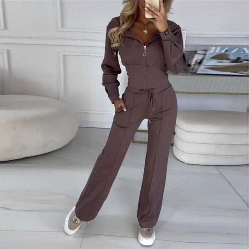 2025 Autumn/Winter European & American Solid Color Hooded Zip-Up Top and Wide-Leg Pants Set