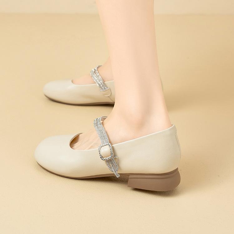 Sheepskin Shallow Mouth Single Shoes Women's New One-word with Rhinestone Fairy Mary Jane Shoes Soft Sole Leather Small Leather Shoes Women