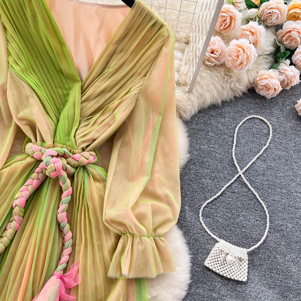 Kadın Örgü Parti Uzun Elbise V Boyun Uzun Kollu Degrade Dantel Up A Line Sundress Moda Bohe Pilili Maxi Elbise