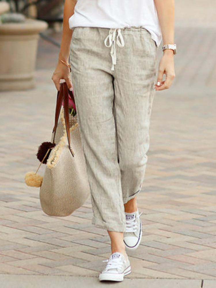 Women's Cotton Linen Pants Drawstring Elastic Waist Trousers Casual Solid Color Long Pants