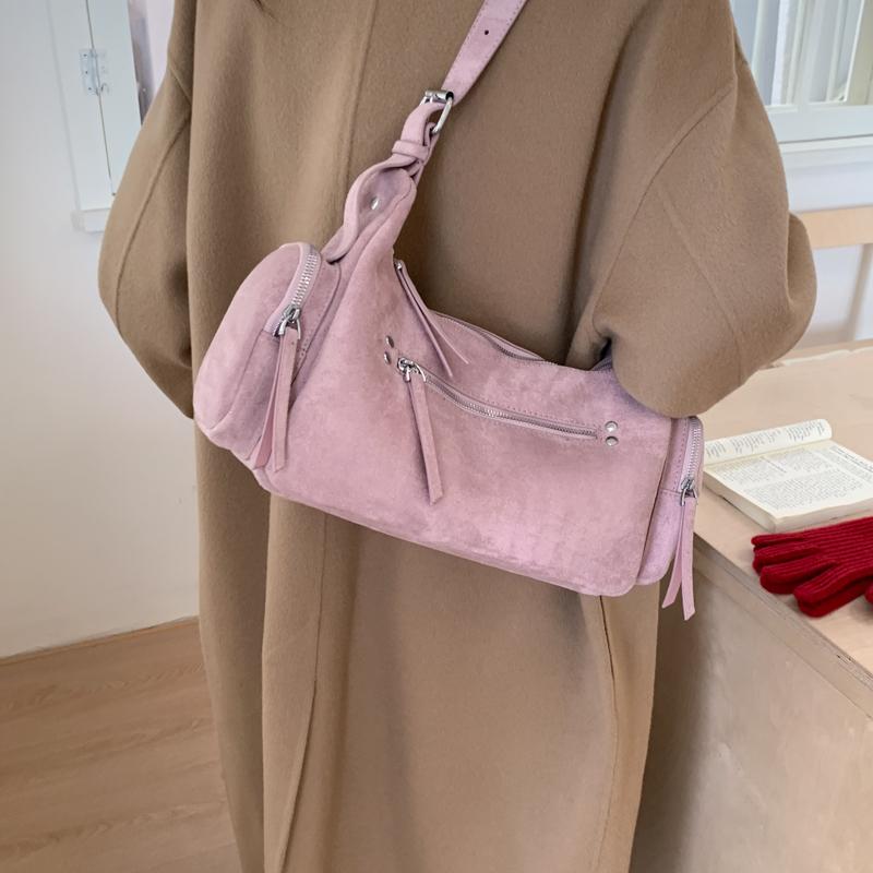 PU Suede Hobo Bag Women's Fashion Shoulder Tote with Multiple Zip Pockets Casual Everyday Handbag