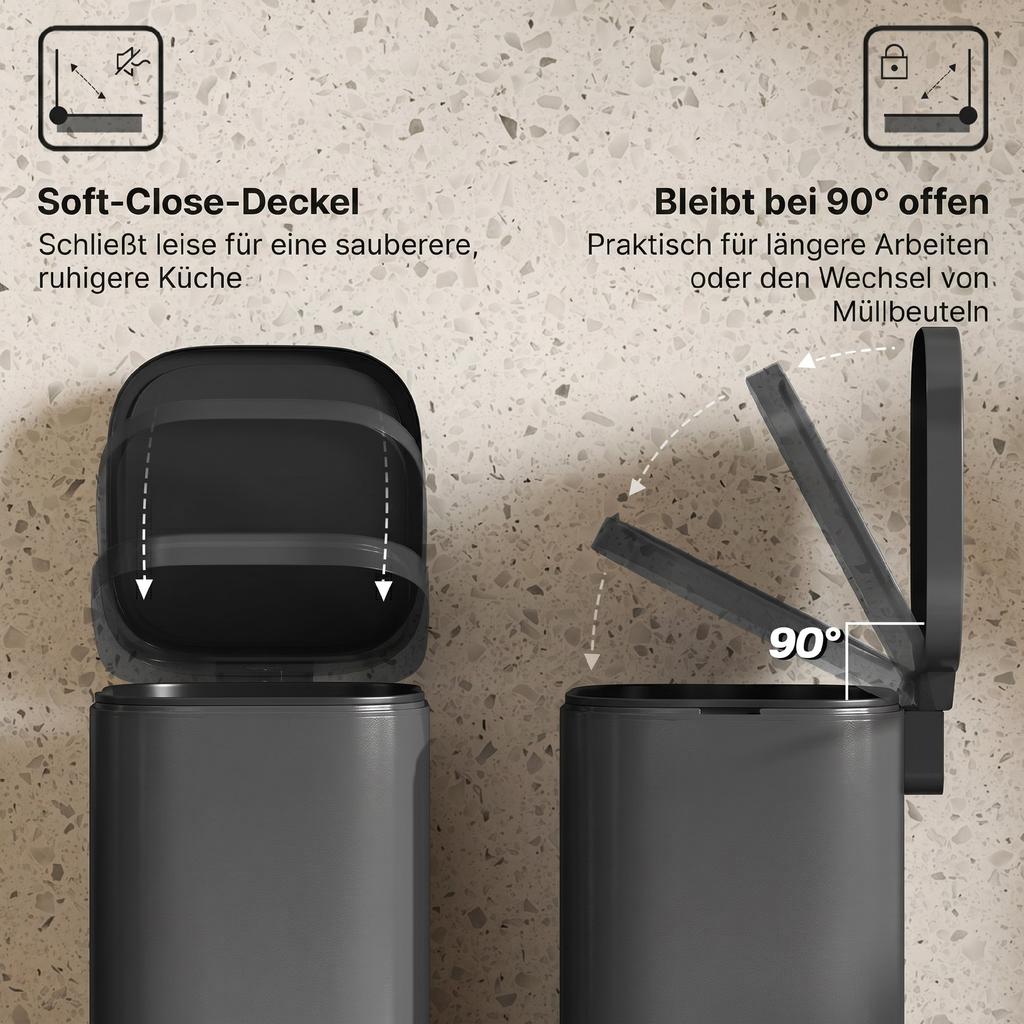 30L Kitchen Bin, Compact Pedal Bin with Soft-Close and Stay-Open Lid, Removable Bucket for Kitchen, Home, Office, Black