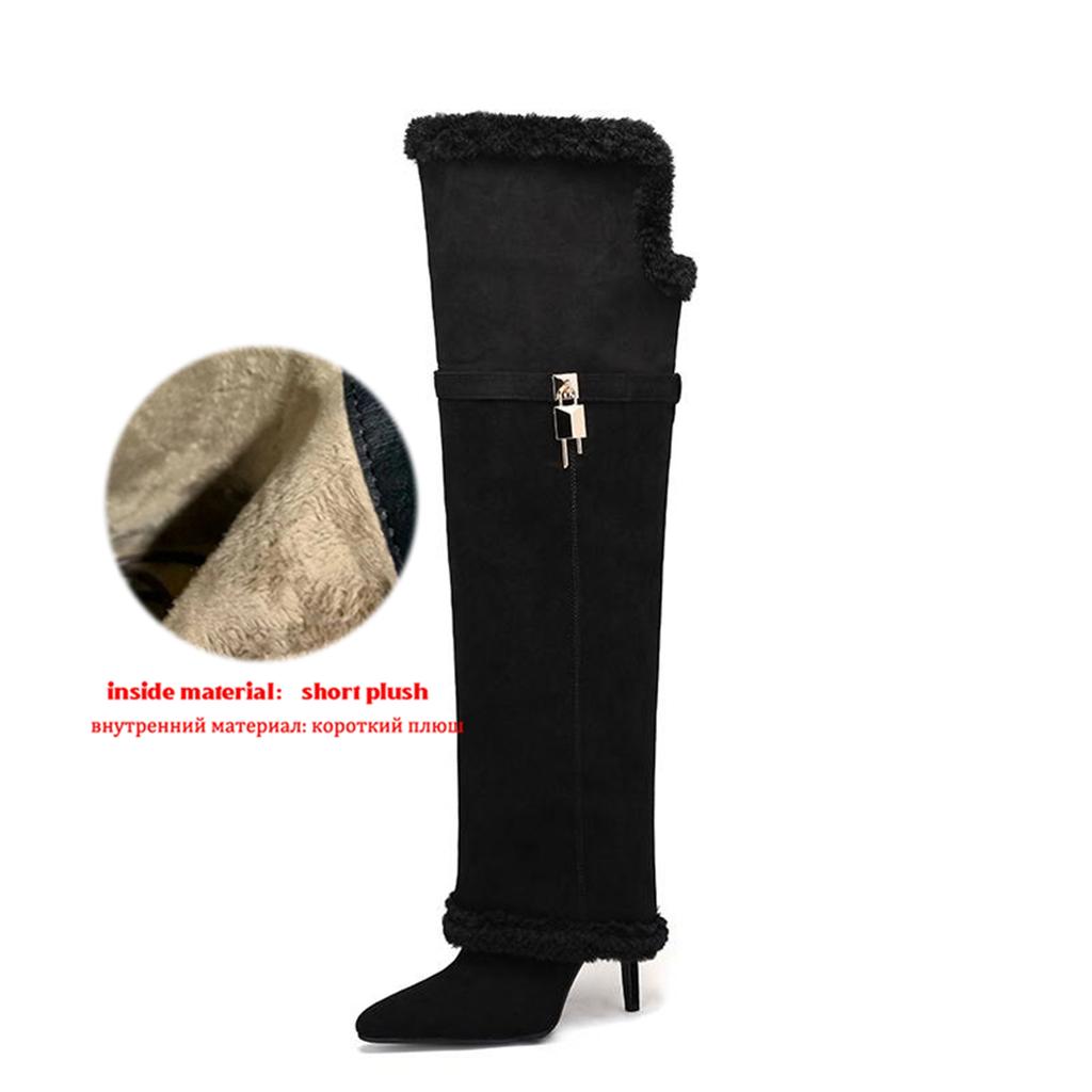 Krazing Pot Flock Pointed Toe Thin High Heels Size 46 Size 45 Winter Slip on Plus Size Women Keep Warm Over-the-knee Boots