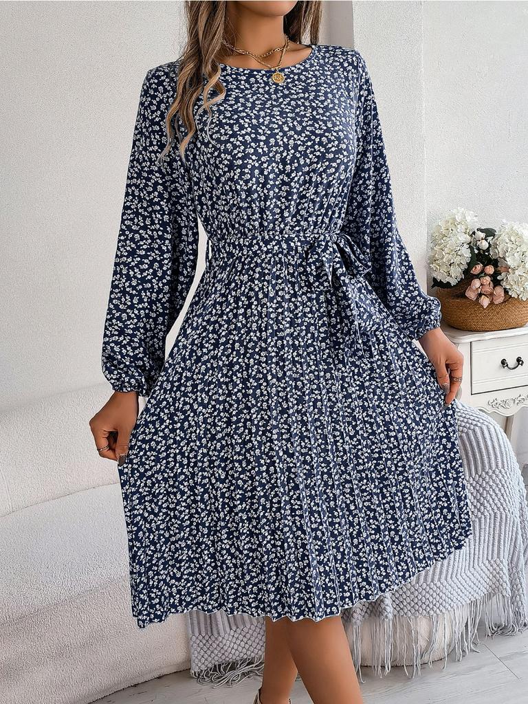 Ins Leisure Long Sleeved Floral Pleated Skirt Plus Size Dresses for Women Red Dresses for Women Elegant