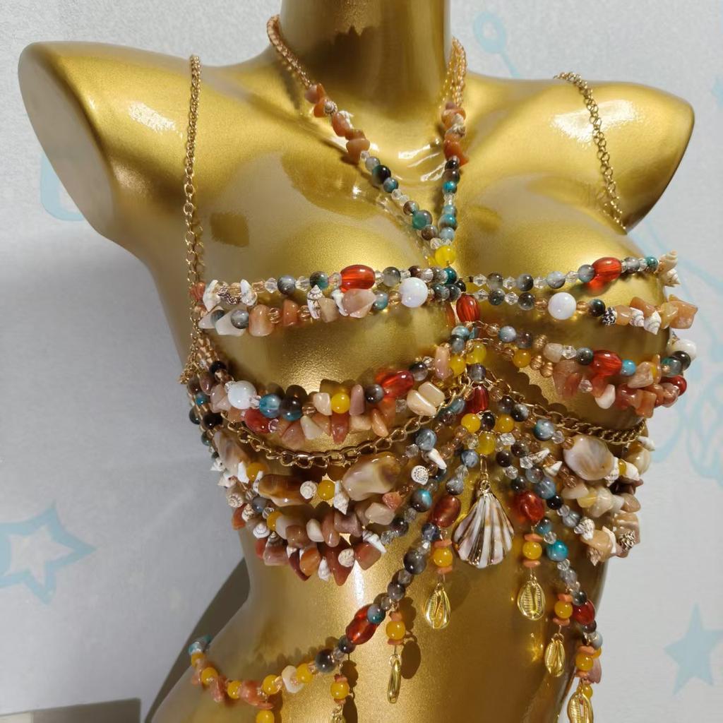 Handmade Boho Style Festival Body Chain Pearl Bead Bra Cover With Tassels Women Rainbow Crystal Beach Beaded Top