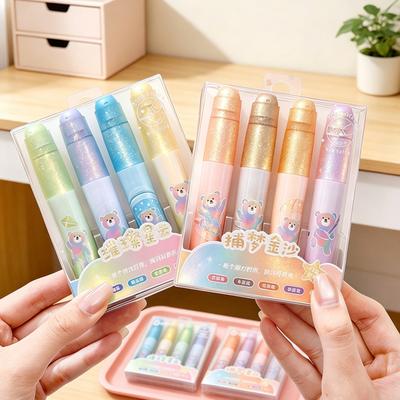 4Pcs Cute Bear Glitter Highlighter Set Large Capacity Pastel Markers for Journaling Notes Smooth Quick-Dry Fun School Supplies for Kids Students