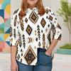 Women Plus Size Collared Long Sleeve Printed Red Floral Button Front Shirt Curved Hem