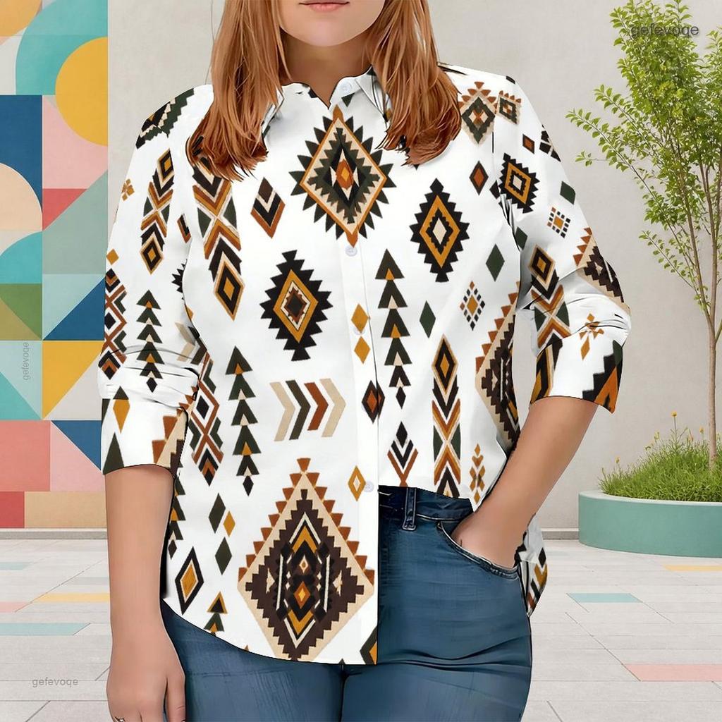 Women Plus Size Collared Long Sleeve Printed Red Floral Button Front Shirt Curved Hem