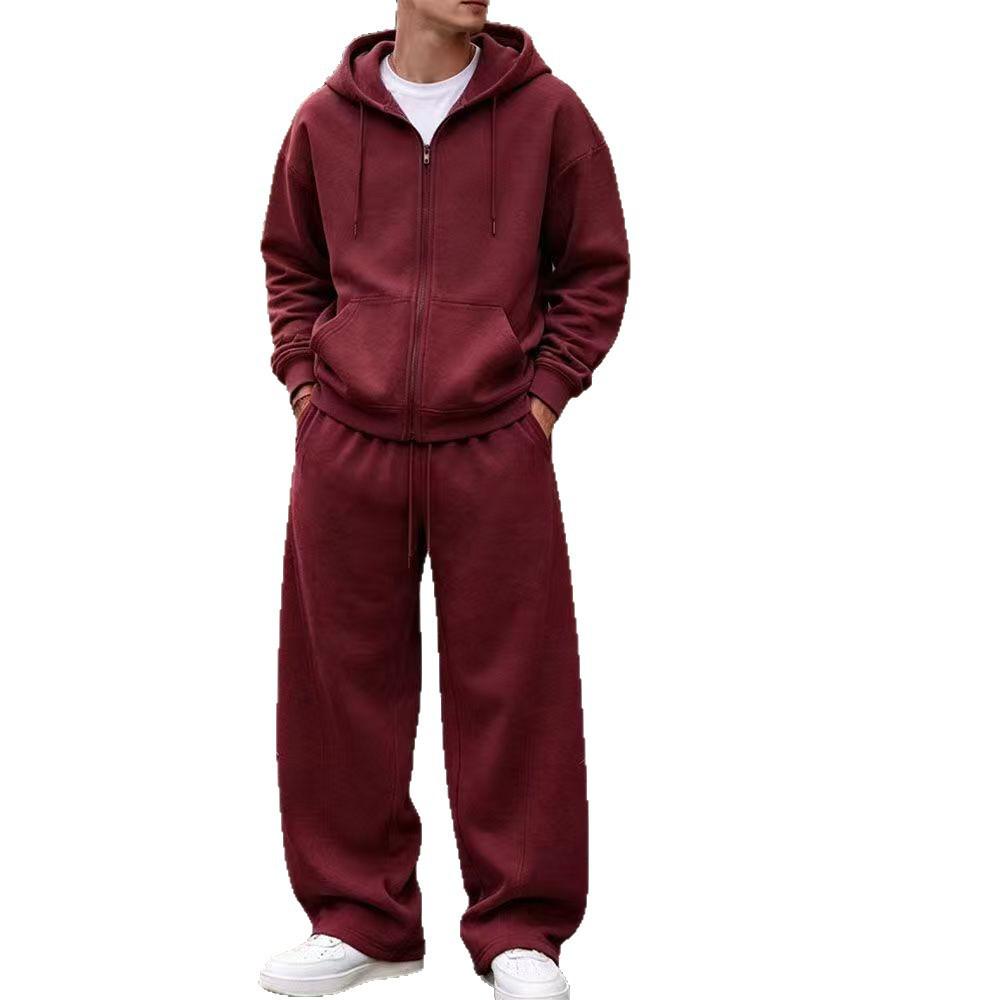 American Fashion Solid Color Zipper Hoodie and Wide Leg Pants Casual Set