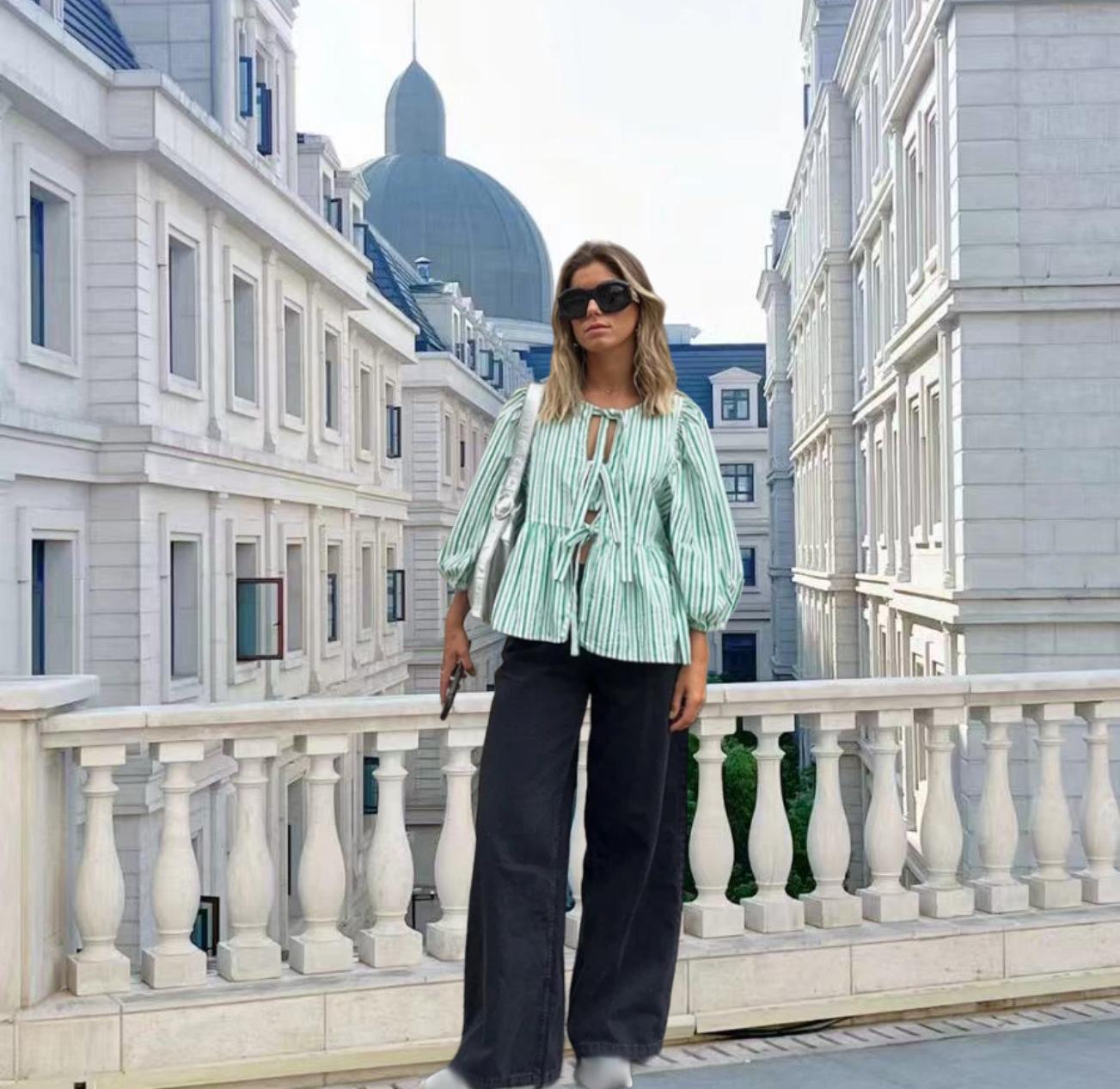 

2026 Стильная европейская и американская рубашка с завязками, круглым вырезом и пышными рукавами Medium