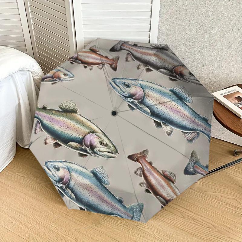 Regenbogenforelle Fischdruck Automatisches Öffnen und Schließen Regenschirm, Tragbares FaltDesign mit 8-Rippen Eisenrahmen, Outdoor-Regenschutz für Fans, Reisende, Da