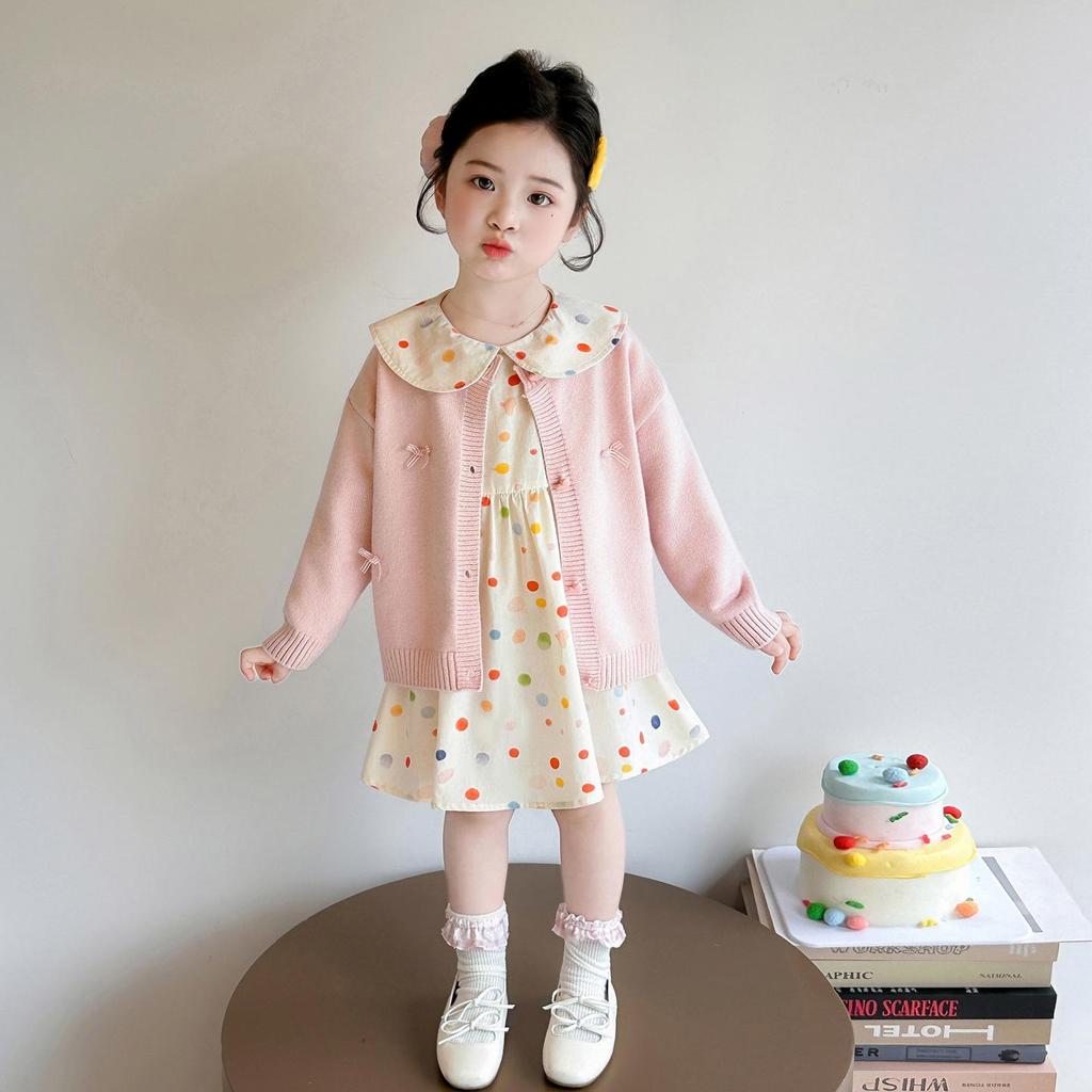 Girls' Polka Dot Doll Collar Knit Dress & Cardigan Set - Spring/Autumn Two-Piece Outfit