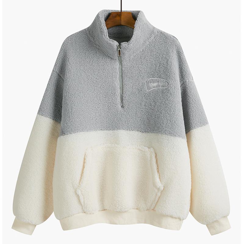 

Зимняя теплая флисовая одежда Толстовка Harajuku Вышитая молния на половину длины Женский свободный карманный пуловер Толстовки Уличная одежда M серый