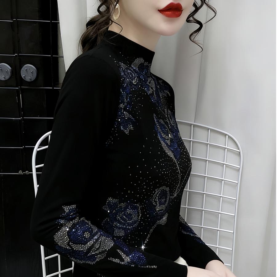 De Rong Women's Autumn/Winter Rhinestone Long-Sleeve Semi-High Neck Base Layer Shirt