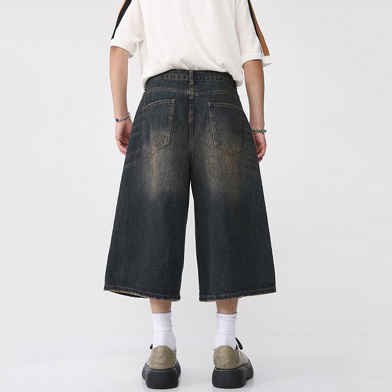 Herren Sommer Cropped Jeans Mid-rise Knopf Reißverschluss Denim Hose Farbverlauf Wide Leg Cropped Pants Streetwear