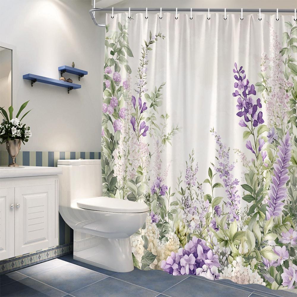 1pc Serene Spring Floral Shower Curtain - Lavender Hydrangeas,White Lilacs & Purple Foxgloves,Beige Background,Durable Polyester