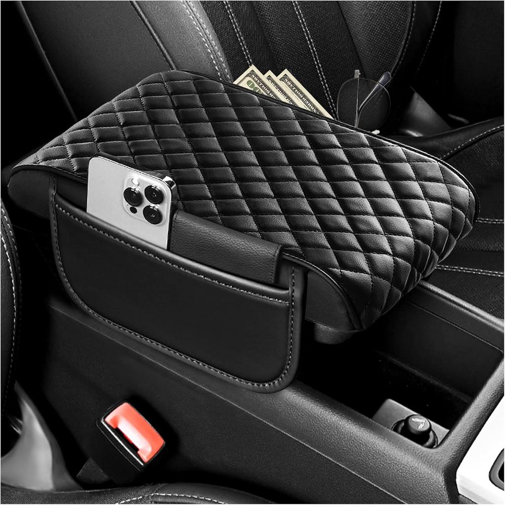 Thickened Car Center Console Cover Diamond Lattice Design,Soft Arm Rest Covers For Car With Storage Pockets,PU Leather Middle Console Covers Fit For