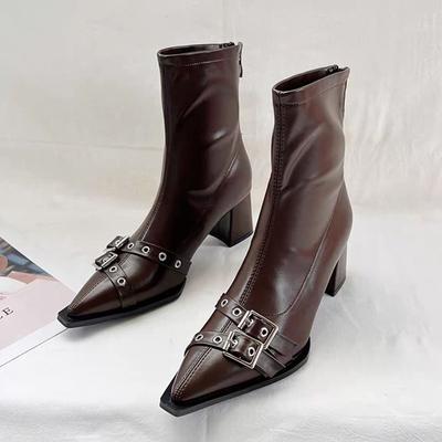 Spitzschuh High Heels Damen Stiefeletten PU Leder Punk Schuhe Trend Designer Goth Wasserdicht Botas Pumps Mujer Zapatos