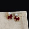 Real Gold Plated Statement Drop Earrings For Women Kawaii Red Plush Velvet Simulated Pearl Cartoon Horse Holiday Jewelry