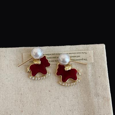 Real Gold Plated Statement Drop Earrings For Women Kawaii Red Plush Velvet Simulated Pearl Cartoon Horse Holiday Jewelry