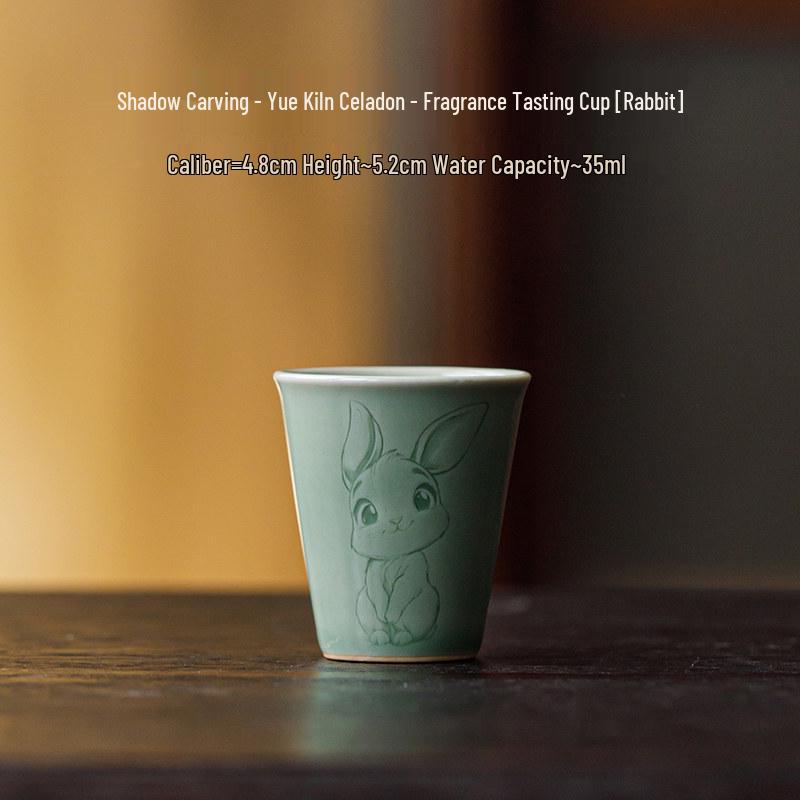 Guanlan Yue Celadon Shadow Carved Zodiac Tea Cup - High-Grade Ceramic Masterpiece for Aroma and Tea Tasting