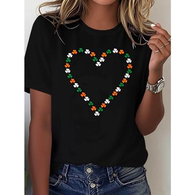Irisches Klee Herz Flagge Grafikdruck T-Shirt Damen Frühling - Sommer Kurzarm Rundhals Lässiges T-Shirt, Tägliche Freizeit, Urlaubsgeschenk