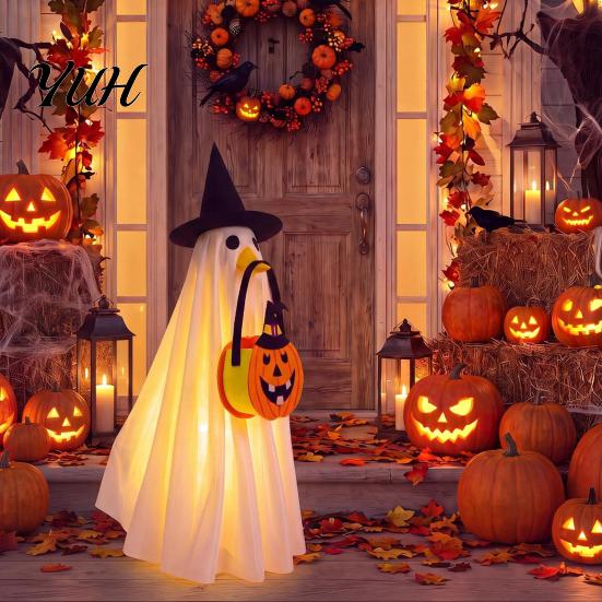 Holiday Photo Prop Outfit Halloween Glowing Ghost Costume with Witch Hat & Pumpkin Tote Bag, LED Easy To Wear Set Light Up Fabric for Kids,