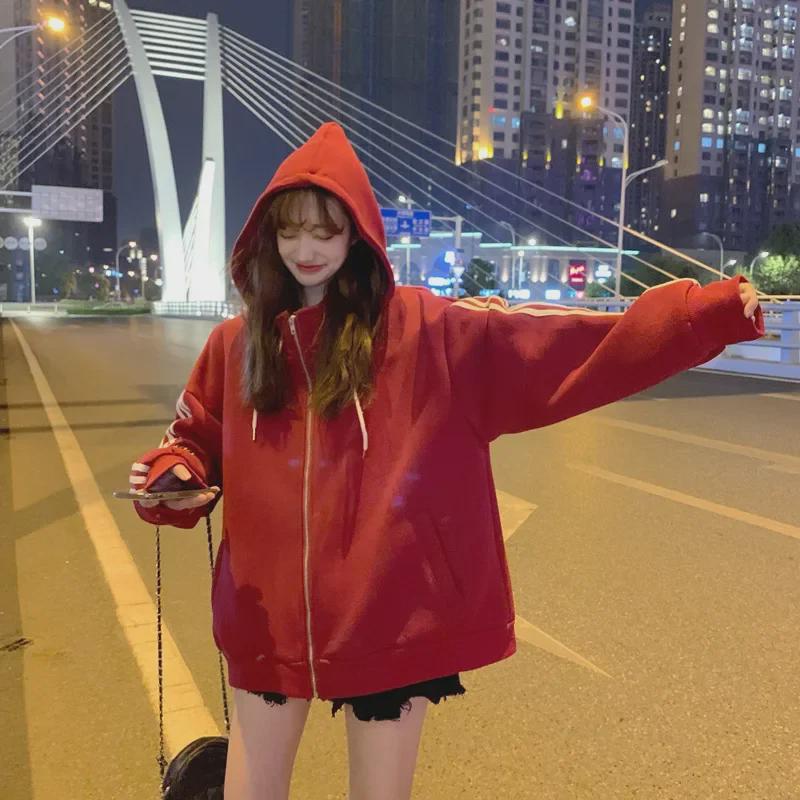 Official Women's Classic Oversized Hooded Zipper Sweater, 2020 Autumn/Winter Plus Velvet Jacket, Trendy Top